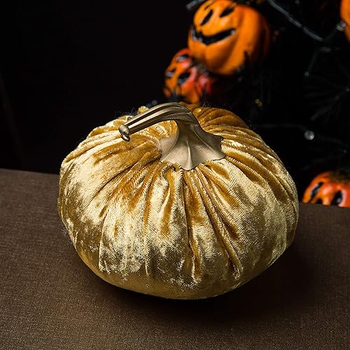 Miniatura 4 de Ogrmar Juego de 6 calabazas de terciopelo hechas a mano, calabaza rellena súper suave con exquisita artesanía para decoración de otoño, Halloween,