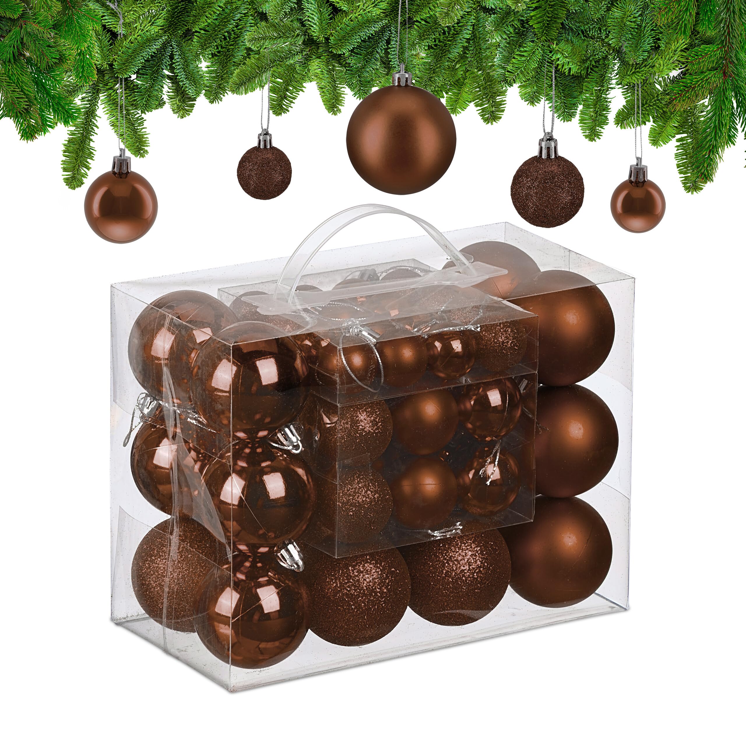 Relaxdays Palline di Natale, Set 50 Palle Albero, Addobbi Natalizi, Sfere in Plastica Opache, Lucide e Glitter, Marrone