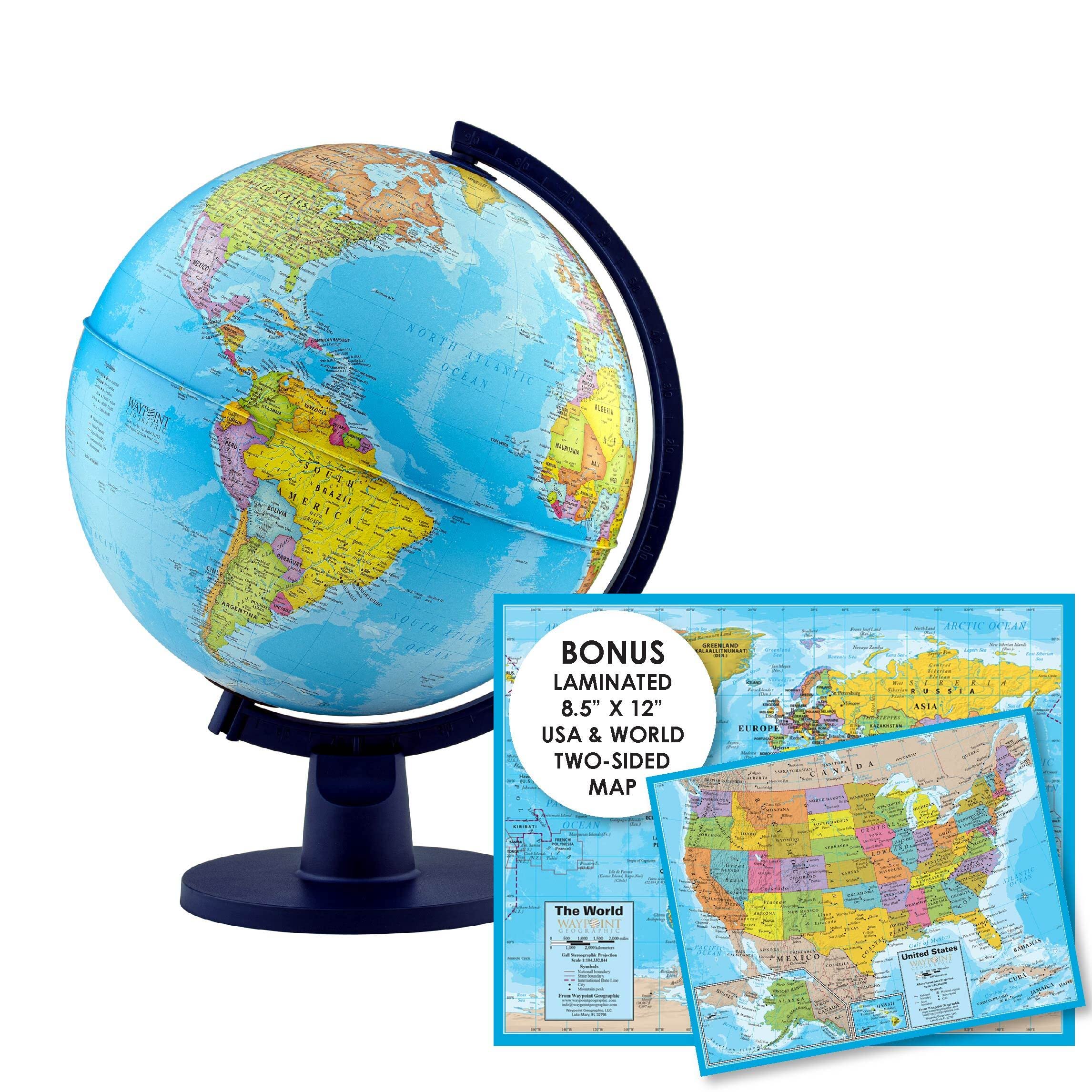 Waypoint Geographic Scout+ With Map, World Globe for Kids, Decorative Classroom Globe with Stand, More than 4000 Places, 12” Interactive Globe, Bonus Map Included, Blue
