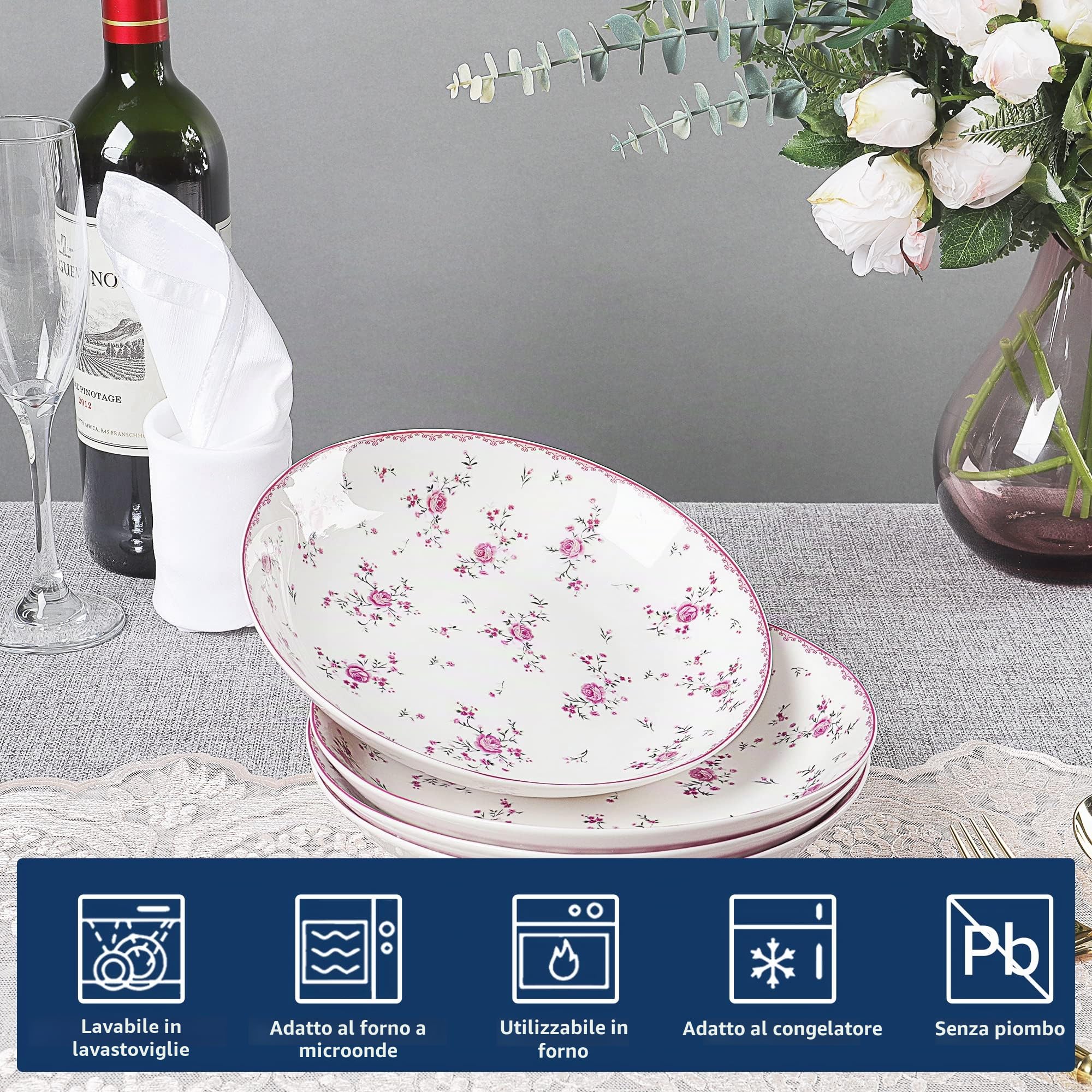 fanquare Set di 4 Piatti da Insalata Rosa in Porcellana, Insalatiere Vintage Stile Reale, Ciotole per Cereali in Ceramica