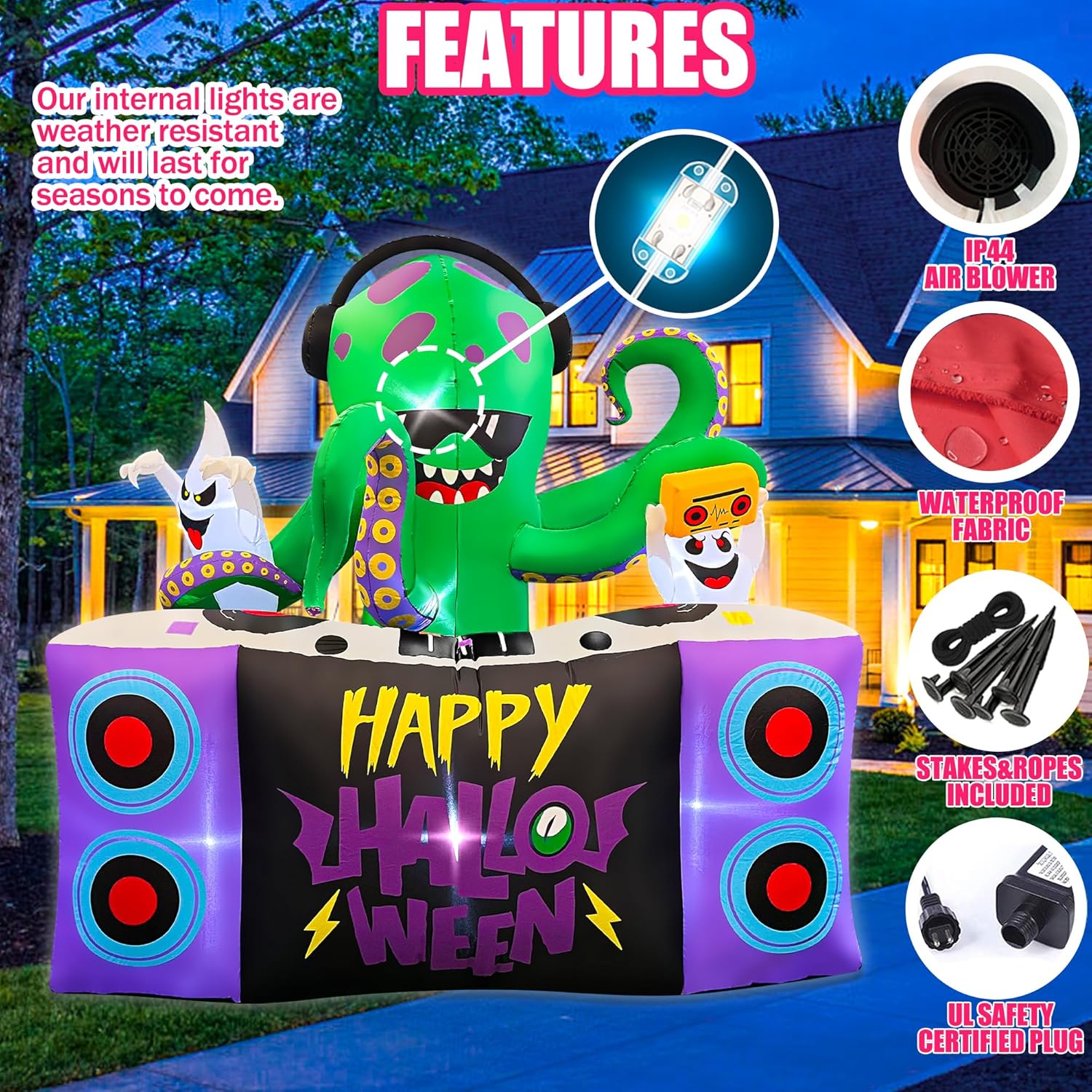 BLOWOUT FUN Halloween Inflatables,6FT DJ Octopus Playing Music on Turntables with Ghost Decoration Built-in LEDs Blow Up Yard Halloween Outdoor Spooky Ghost Decor for Lawn Garden Holiday Party