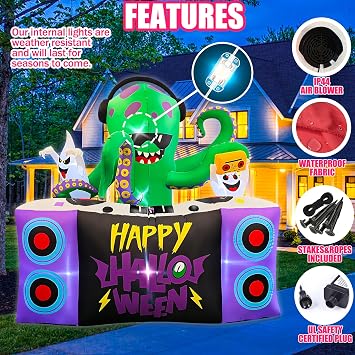 BLOWOUT FUN Halloween Inflatables 6FT DJ Octopus Playing Music on Turntable