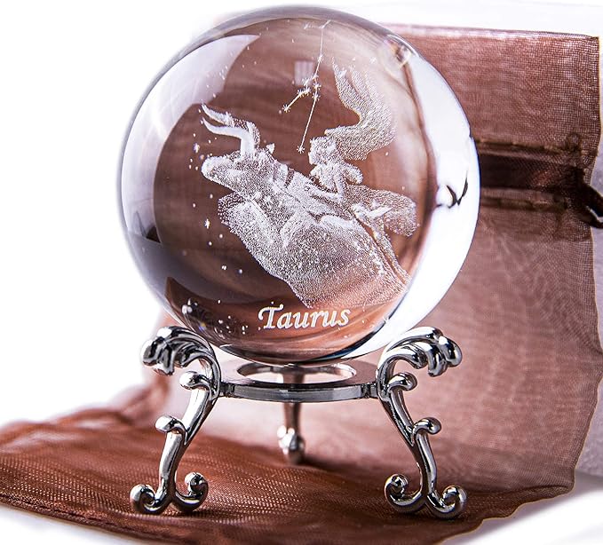 3D Laser Constellation Crystal Ball Crystal Paperweight Full Sphere Glass Fengshui with Sliver-Plated Flowering Stand(Taurus)