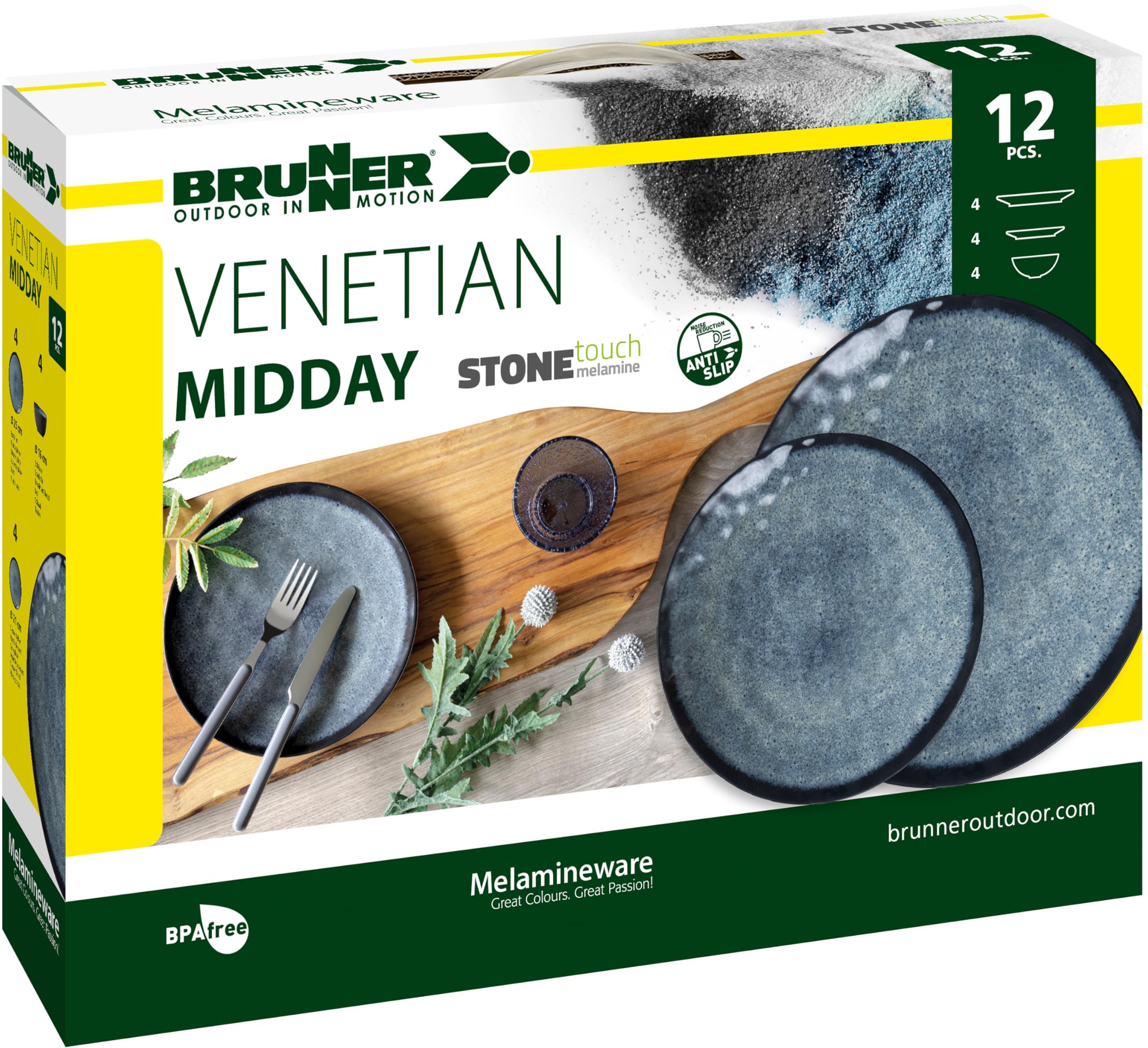 BRUNNER Set stoviglie da Campeggio (Set 12 Pezzi) per 4 Persone - Midday Venetian - in melamina Stone Touch di Alta qualità, Antiscivolo e Resistente