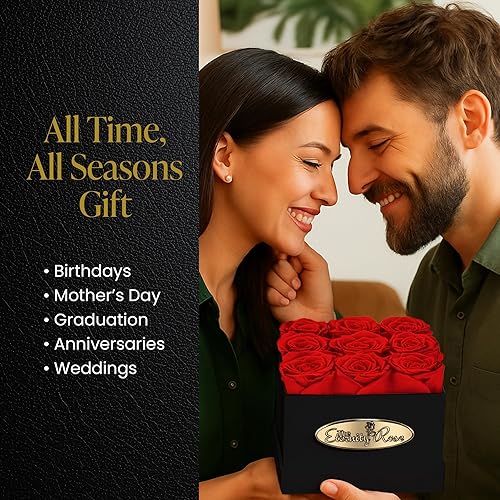 Miniatura 5 de The Eternity Rose Rosas preservadas de 9 piezas en una caja de regalo de lujo, rosas reales en caja negra cuadrada, un regalo de San Valentín tan