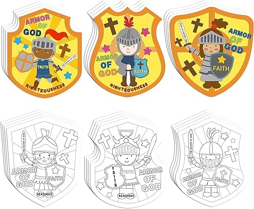 Dvbonike Juego de 24 manualidades de escuela dominical para niños, color tu propia armadura de Dios, tarjeta religiosa cristiana para colorear