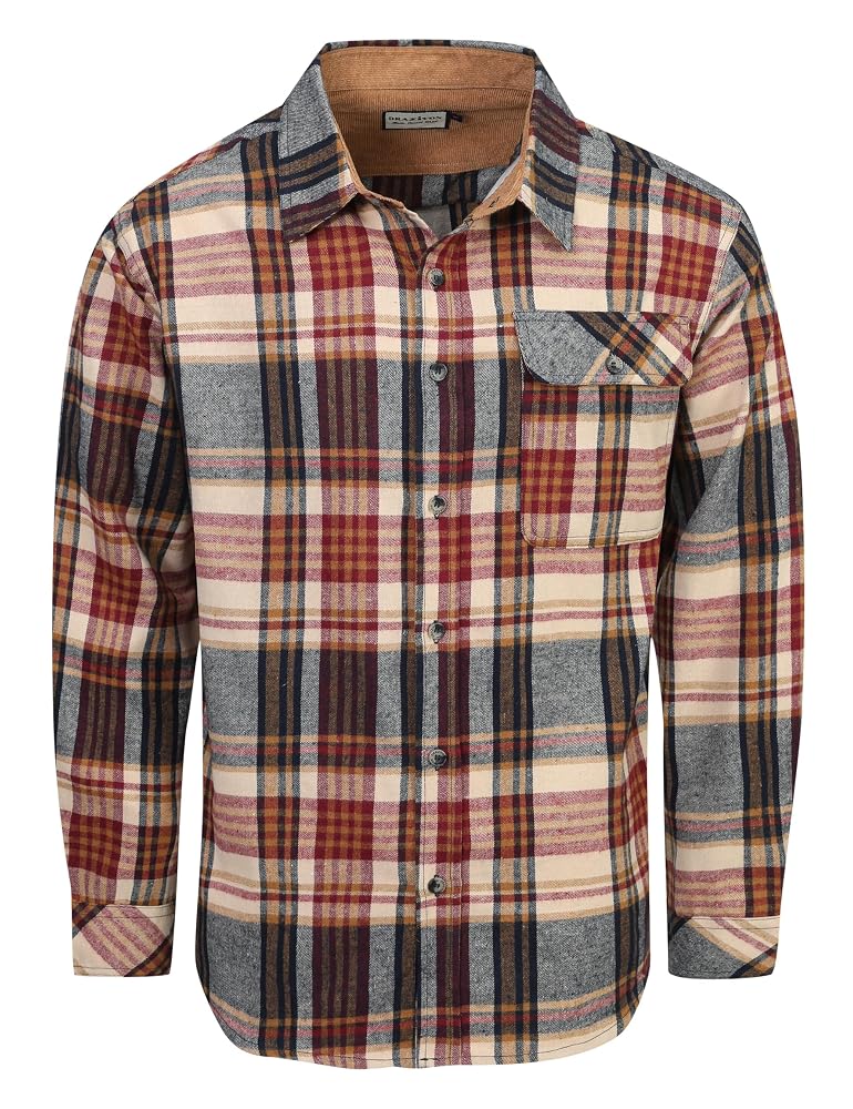 DRAZIVON Mens Long Sleeve Cotton Flannel Shirt