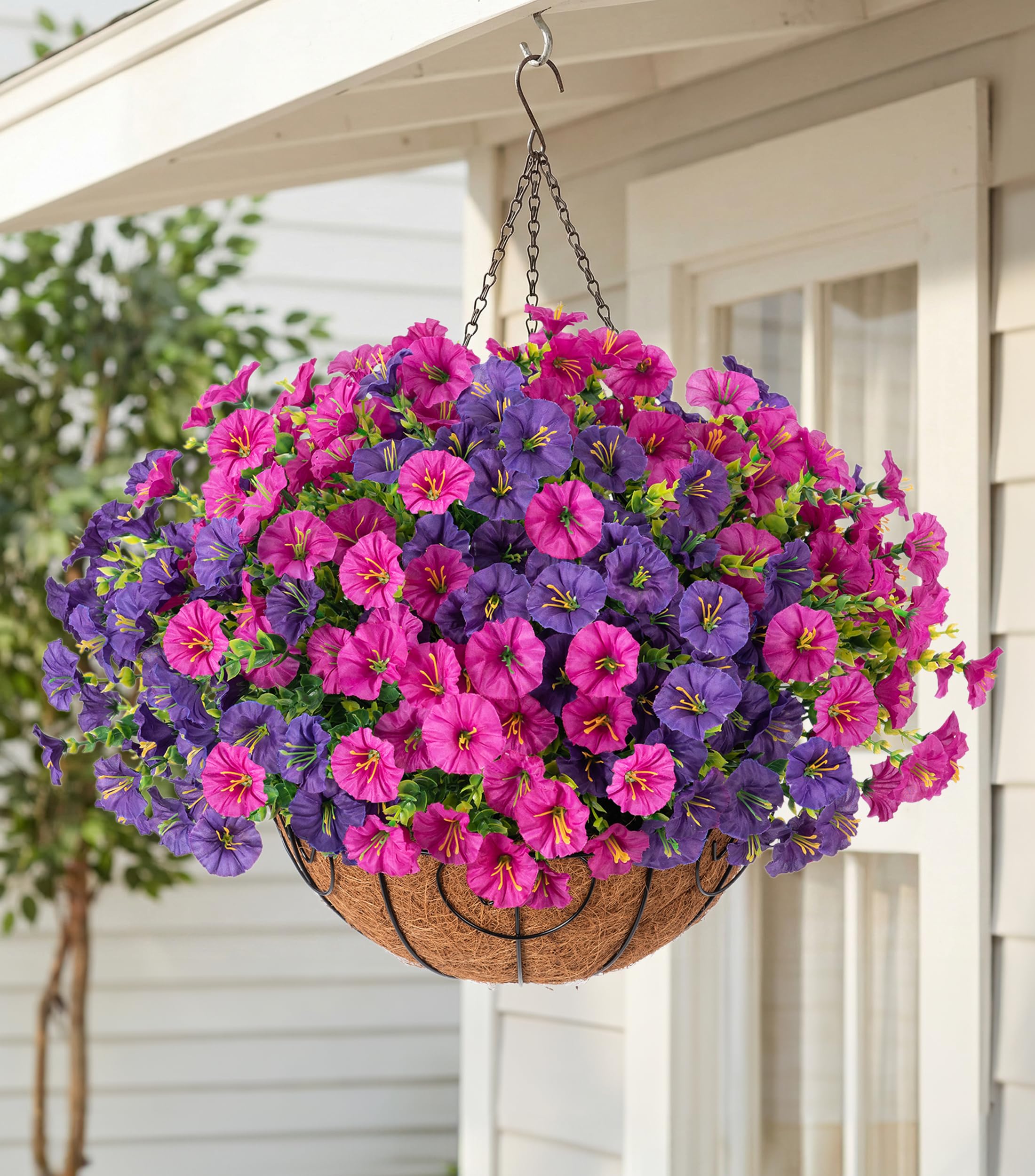 Artificial Fake Hanging Flowers Plants Baskets for Outdoors Spring Summer Decoration, UV Resistant Faux Silk Morning Glory in Planter Realistic for Outside Porch Patio Balcony Garden Yard Home Decor