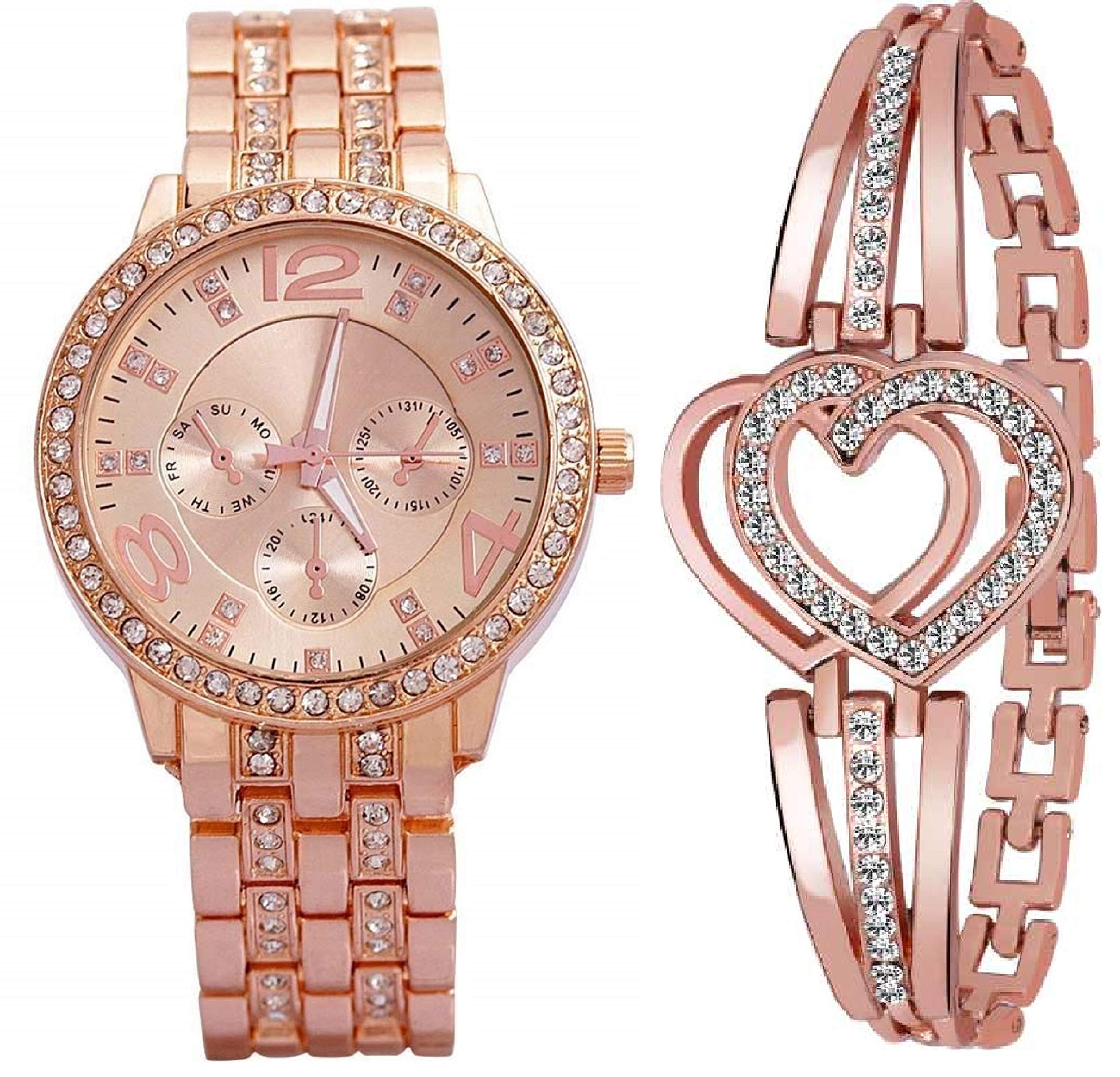 ZUPERIA Diamond Studded Rose Gold Watch & Bracelet Combo Set for Girls & Women (Two Hearts Diamond) (B08JG8ZHZG) Amazon Price History, Amazon Price Tracker