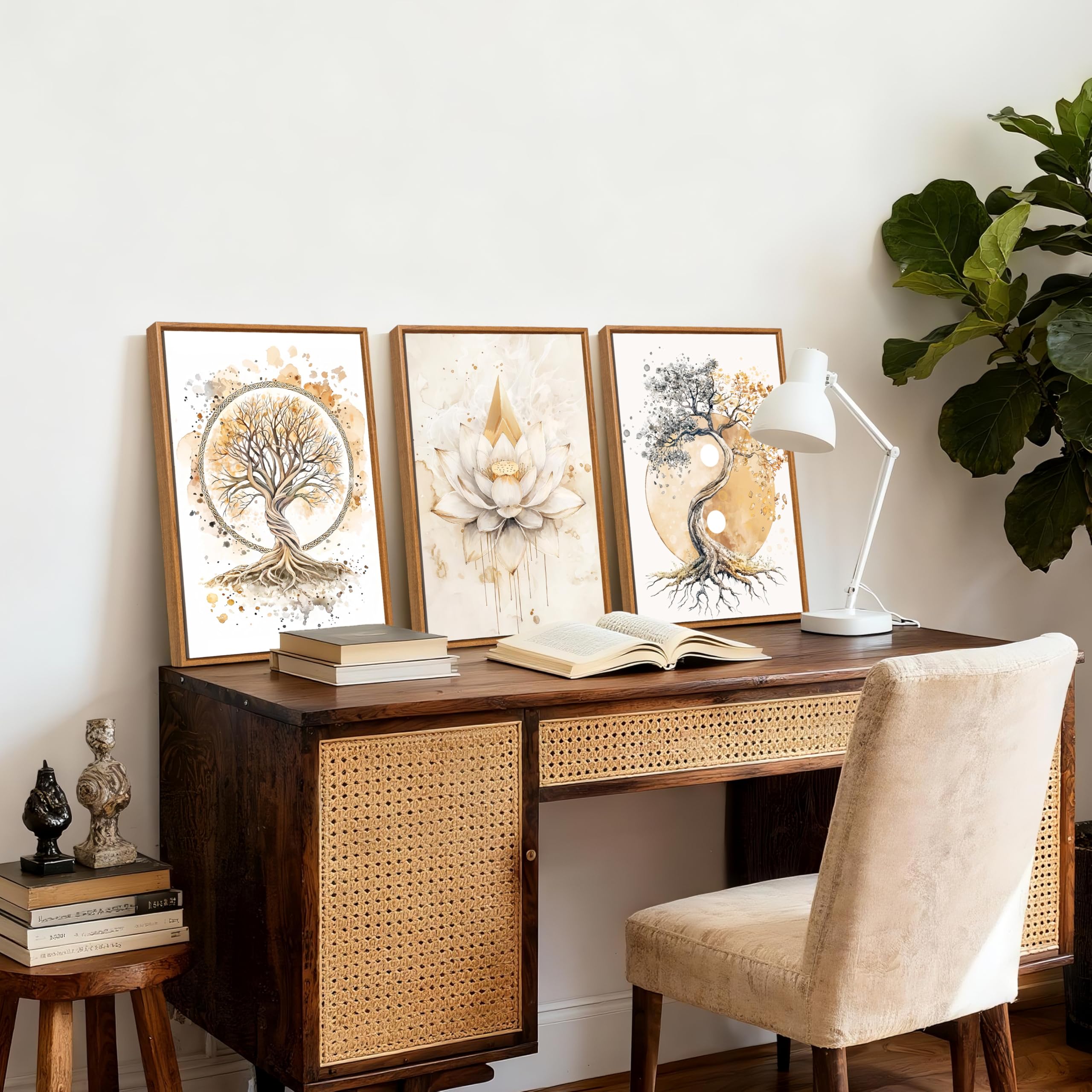 3 Pcs Wooden Framed Canvas Wall Art Set Bohemian Sage Green Canvas Prints Poster Geometric Line Beige Green Pictures for Living Room Bedroom Dinning Room Hallway Stairs Wall Decor 30x40cm x3pcs — view 46