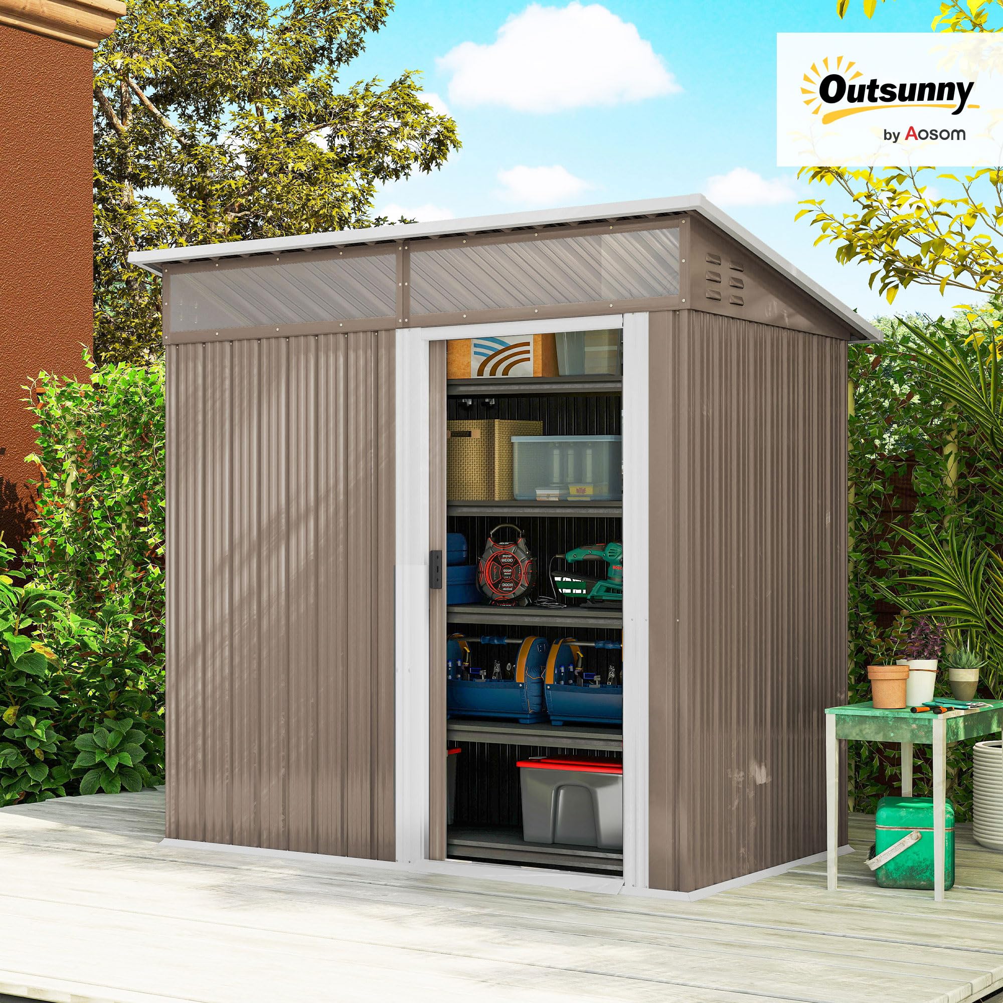 Outsunny Caseta de Jardín Exterior 1,9m² 195x122x182 cm Marrón | Cobertizo de Jardín Exterior, Base Refuerzo, Suelo NO Incluido, Puerta Corredera, Ventanas, para Patio