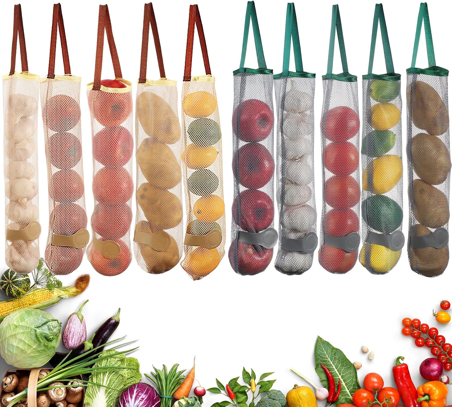 10 Pack Hanging Mesh Storage Bags Mesh Onion Storage Bag for Vegetables Breathable Vegetable Holder for Fresh Fruit Food, 2 Colors