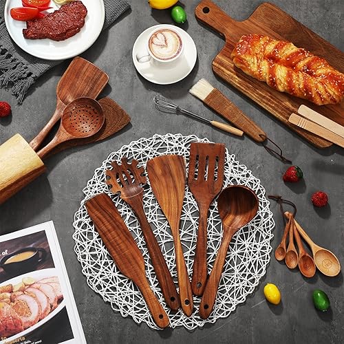 Miniatura 6 de Juego de utensilios de cocina de madera de 18 piezas con soporte, tabla de cortar, espátulas, cucharas, pinzas, batidor y accesorios