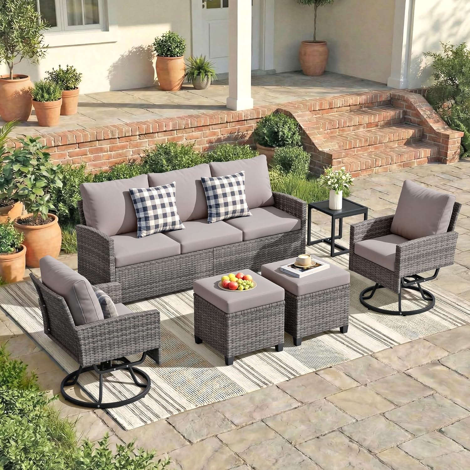 FHFO 6 Pieces Outdoor Swivel Patio Furniture Set, Wicker Sectional Couch Conversations Sets Rattan Sofa with 360° Swivel Chairs for Porch Backyard Garden-Grey