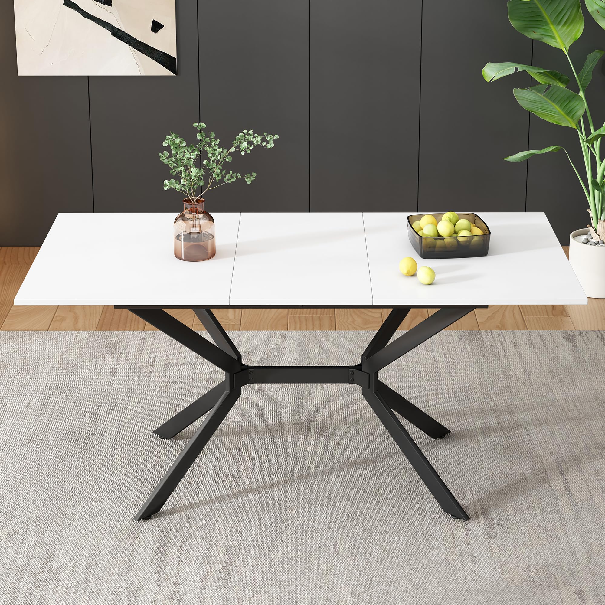Soweiz Mesa de comedor extensible blanca de 120/160 x 80 x 75 (cm), patas de metal negro, mesa de comedor rectangular blanca, adecuada para cuatro a seis personas