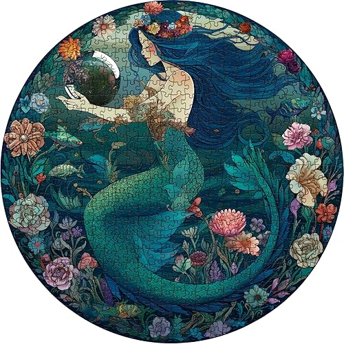 Miniatura 2 de Rompecabezas de sirena oceánica de 1000 piezas, rompecabezas de mandala de hadas de princesa marina para adultos, rompecabezas redondos verdes