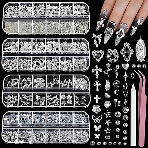 Teenitor Silver Nail Charms and Gems Kit, 4 Boxes Nail Gems Silver Rhinestones for Nails, 3D Y2K Accessories Nail Decor, Cross Charms for Nails Design Star, Caviar Beads for Nails Art