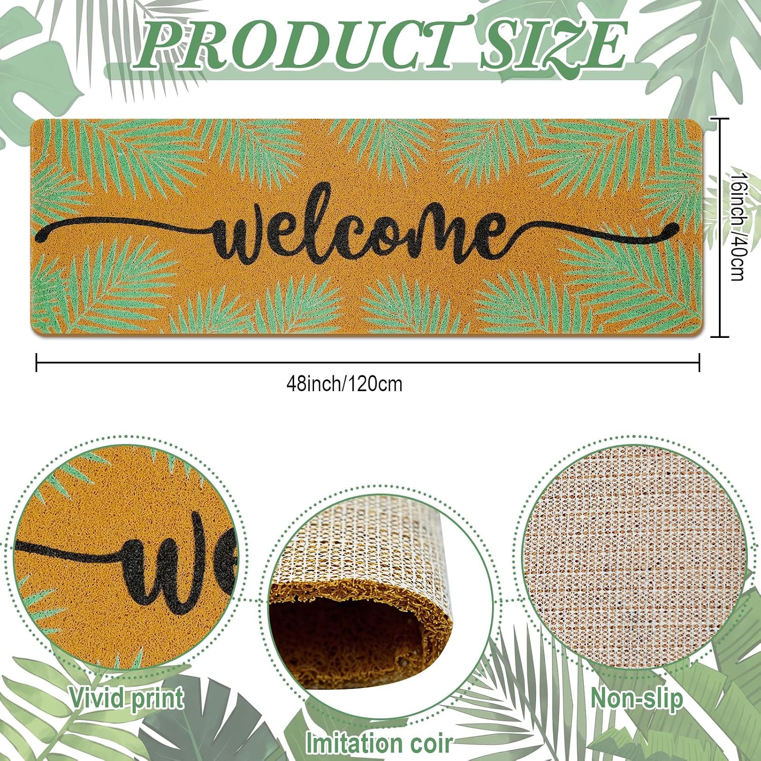 Long Doormat 48x 16 inch Front Door Mat Palm Leaf Doormat Door Mat Welcome Mat for Front Door Porch Entrance Decor