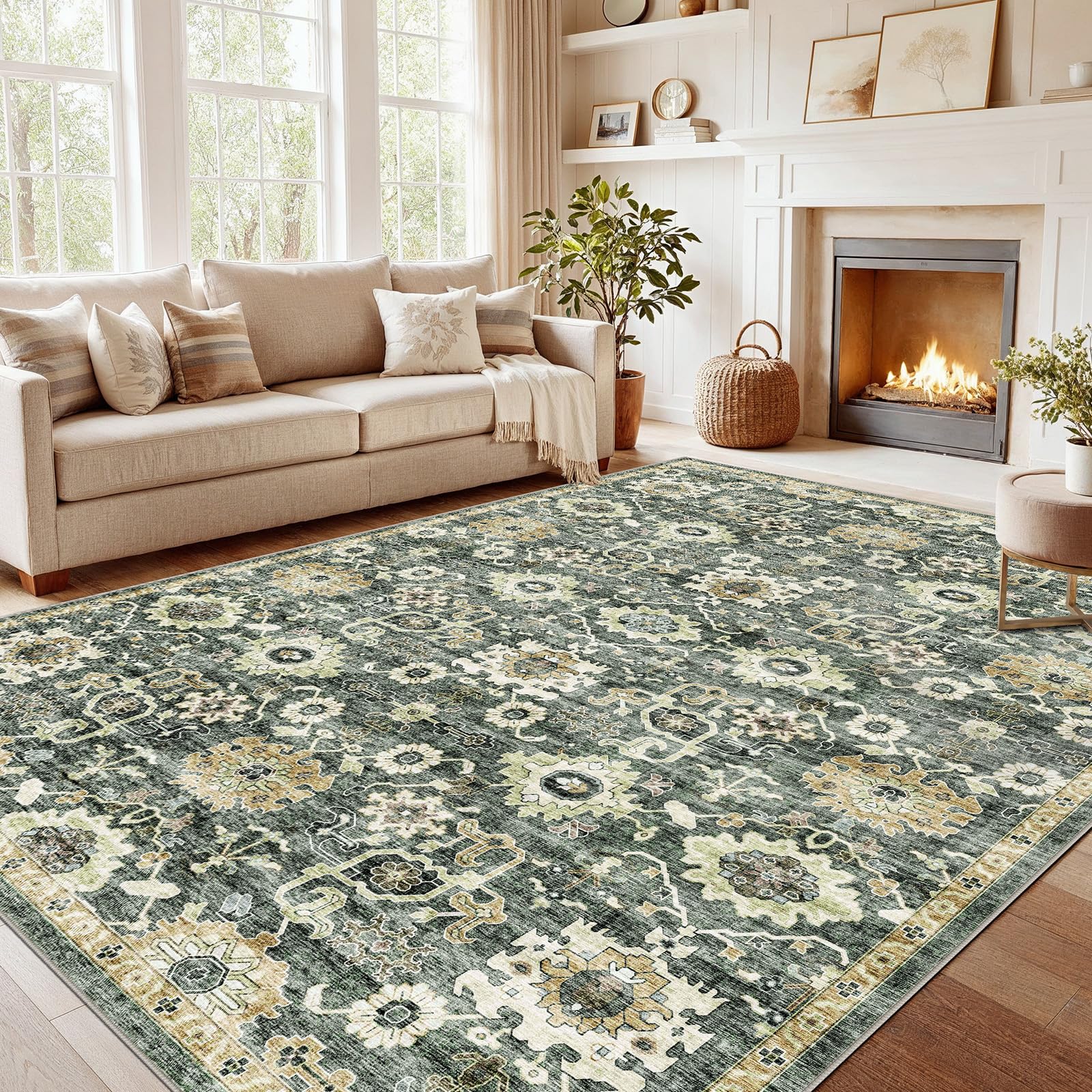 AMADA HOMEFURNISHING 8x10 Washable Area Rug, Low-Profile Large Area Rug with Non-Slip Backing & Durable Edge Binding, Vintage Large Rugs for Living Room, Bedroom, Dinning Room