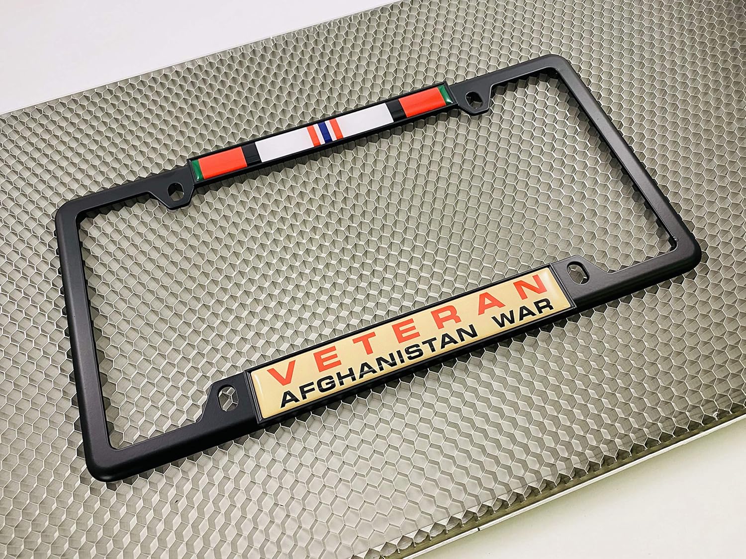 Afghanistan War Veteran - Domed Custom-Made Personalized Narrow (Thin) Top 4 Hole Metal Car License Plate Frame with Free caps - Black (Quantity: 1 Frame)