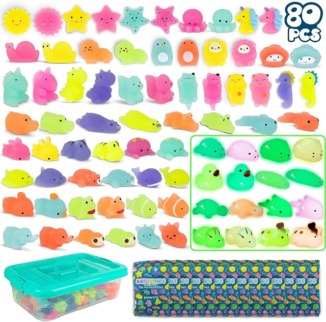 BONNYCO Zabawki Mochi Squishy do Toreb na Prezenty Pakiet 80 Upominki na Przyjęcia Świecą w Ciemności, Wypełniacze Torebek dla Dzieci Unisex Zabawki Squishy Fidget Wypełniacz Piniaty Kawaii