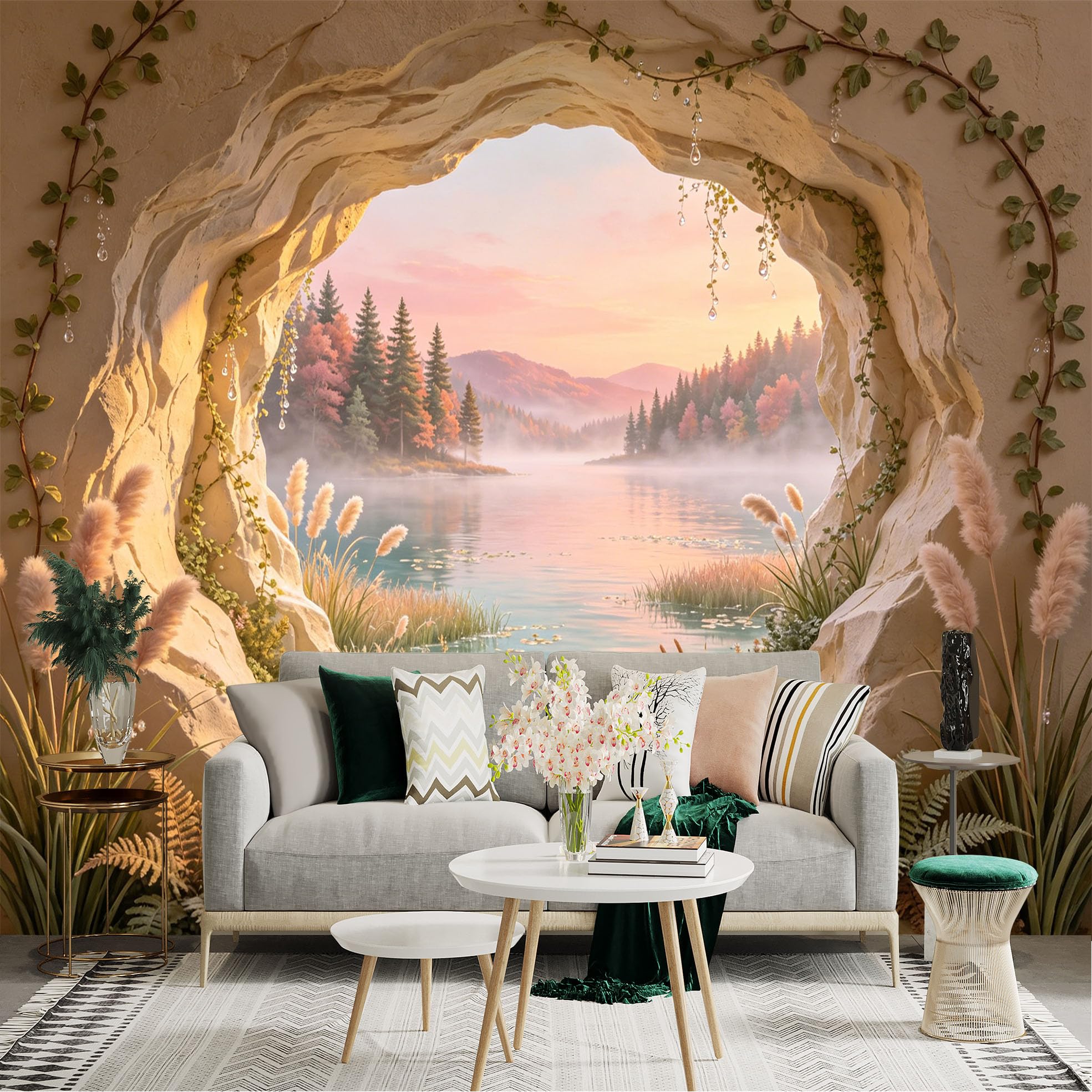 Custom Size Wall Sticker Mural， Cave View to Misty Lake with Pine Forest and Sunset Mountains， for wall Decoration， peelandstick wall Decals.