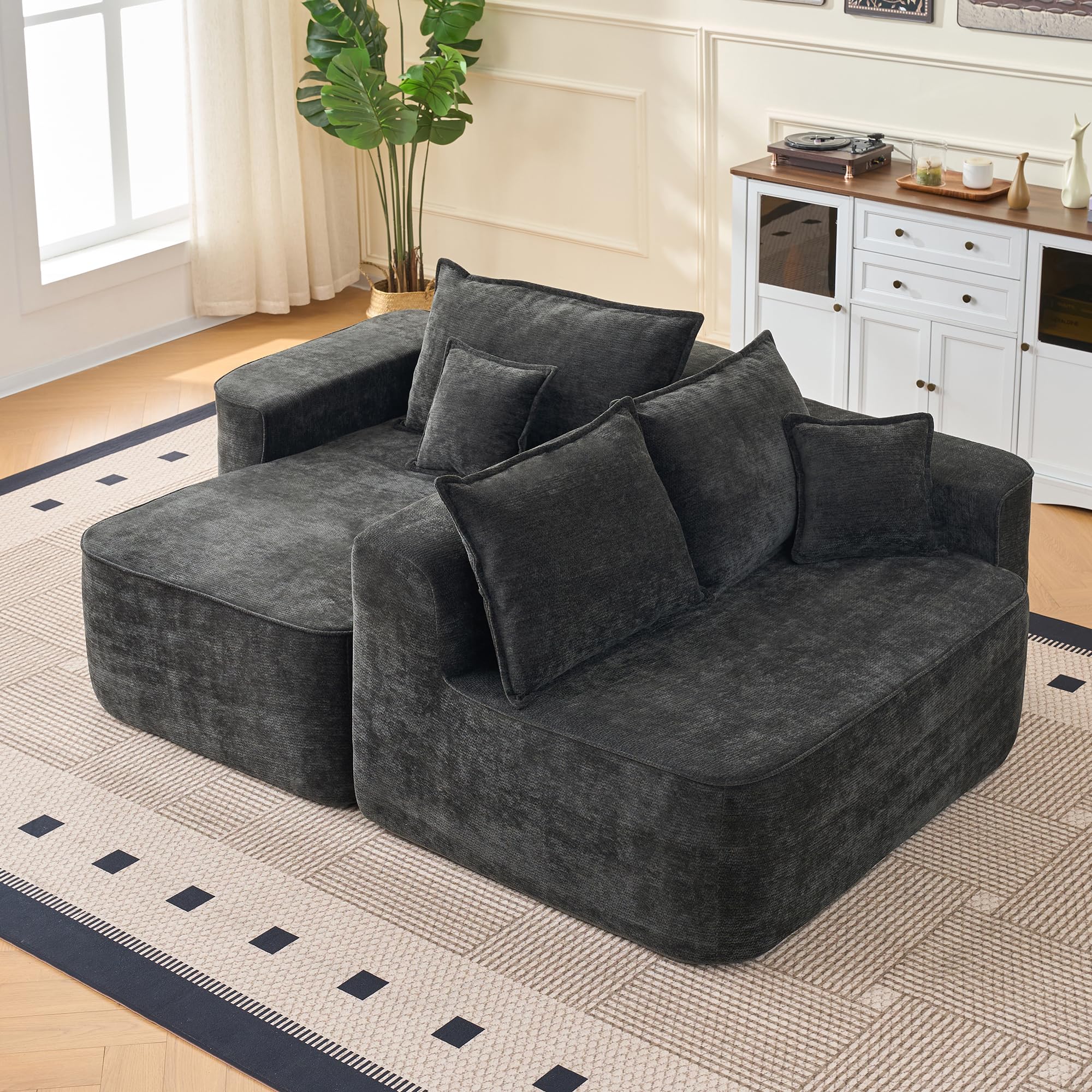 Bladez Canapé d'angle en forme de L avec méridienne, 262 cm, siège bas, XXL, modulable, sans montage, chenille noire, prêt à l'emploi (noir + 3 sièges, 262 x 144 x 65 cm)
