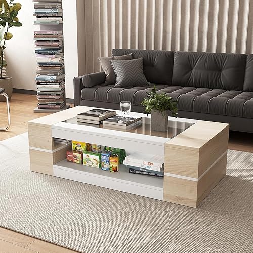 Miniatura 5 de Mesa de centro moderna y elegante de 47.2 pulgadas con parte superior de cristal, mesa grande para sala de estar, mesas centrales rectangulares de 2