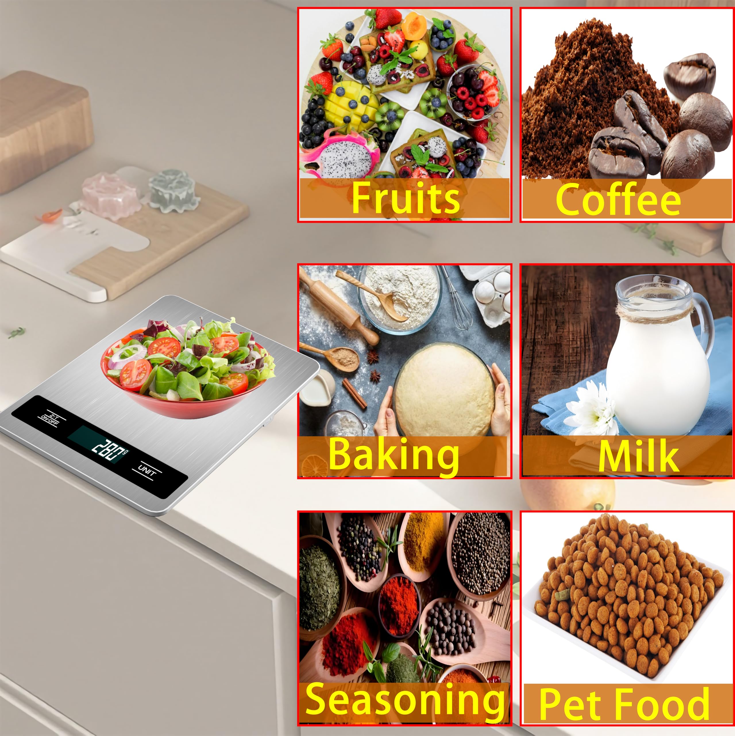 Báscula digital de cocina, 33 lb/15 kg de peso de alta capacidad para hornear, cocinar y preparar comidas, precisión de 1 g, 6 unidades con función de tara, recargable por USB (estilo B)