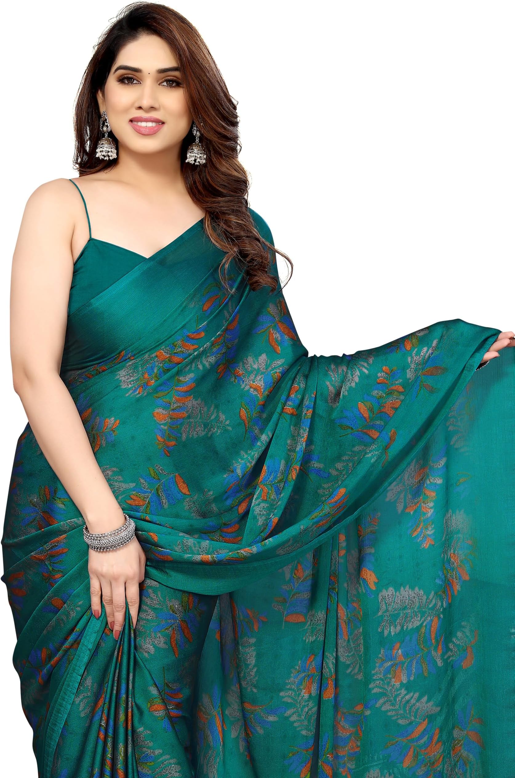 Women's Chiffon Georgette Floral Printed Saree with Blouse Piece (39821-Magenta, Beige)