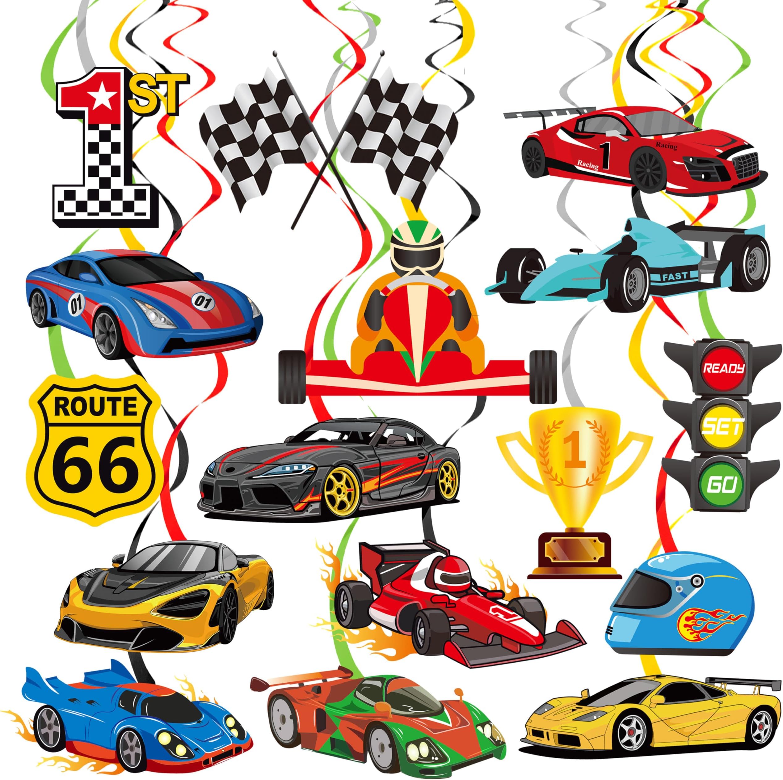 20 Pcs Race Car Hanging Swirl Decorations Racing Birthday Party Decorations Checkered Flags Racing Swirls Ceiling Decor for Boys Let's Go Racing Birthday Party Supplies