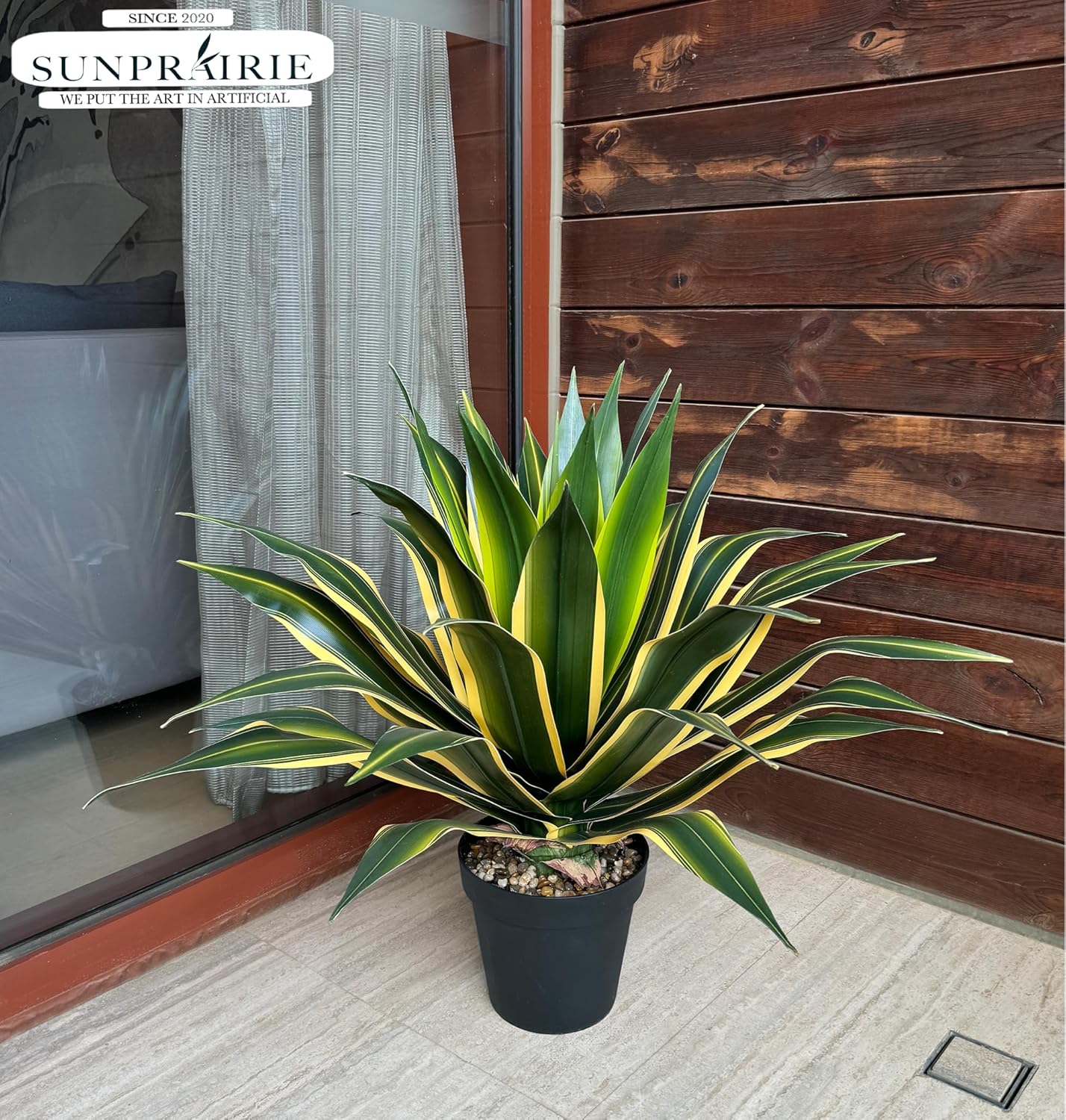 SUNPRAIRIE 34 Inch Tall Large Artificial Agave Plant in Pot with 45 Leaves, Forest Green with Yellow-Edges. Outdoor and Indoor Faux Plants. - Image 3