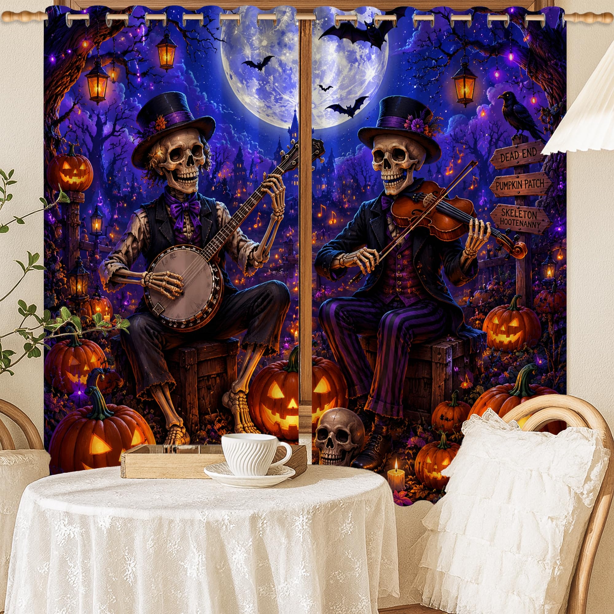 Rideaux occultants isolation thermique motif squelette et lune 132 x 137