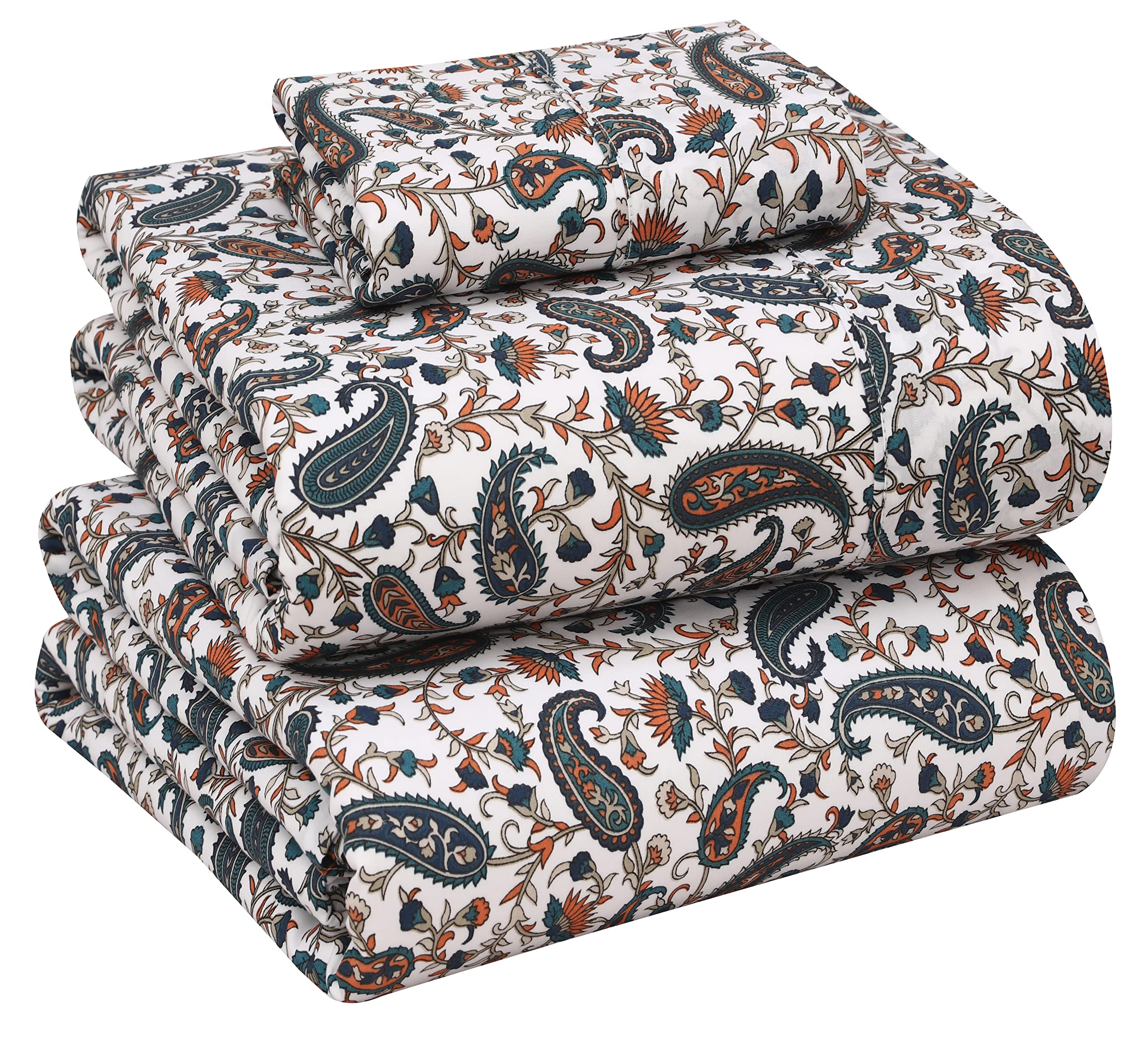 RUVANTI 100% Cotton Sheets for Twin Size Bed - Crispy Cooling Percale Sheets - Breathable & Durable Twin Sheet Set - 16 Inches Deep Pocket Twin Size Sheets -Teal Paisley - 3 Pieces