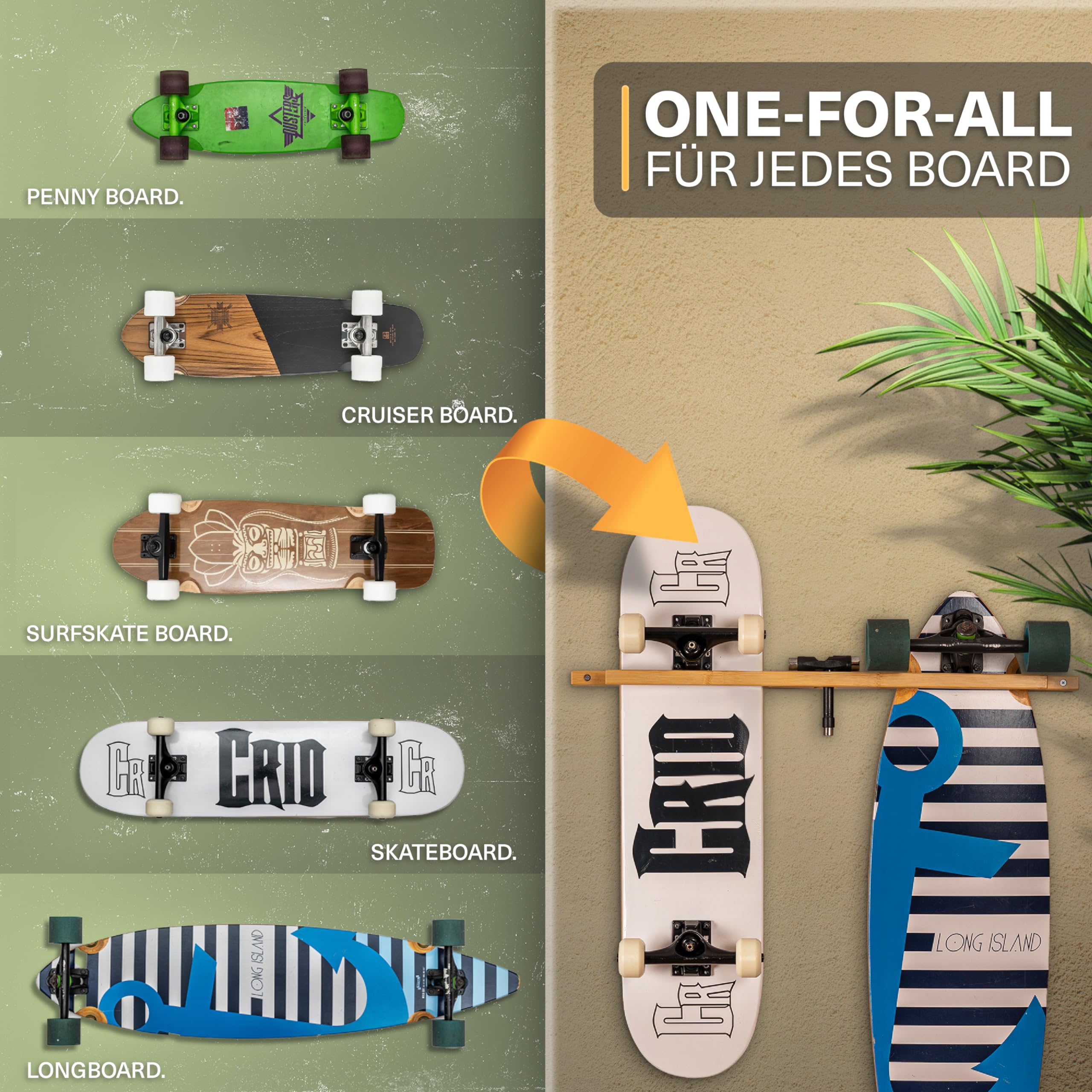 CRID Doppel Skateboard Wandhalterung aus Bambus - Universal Halterung für 2 Skateboards, Longboard, Snowboard, Wakeboard, Balance-Board - Inkl. gratis Montagekit - Modernes Design (Vertikal Halterung)