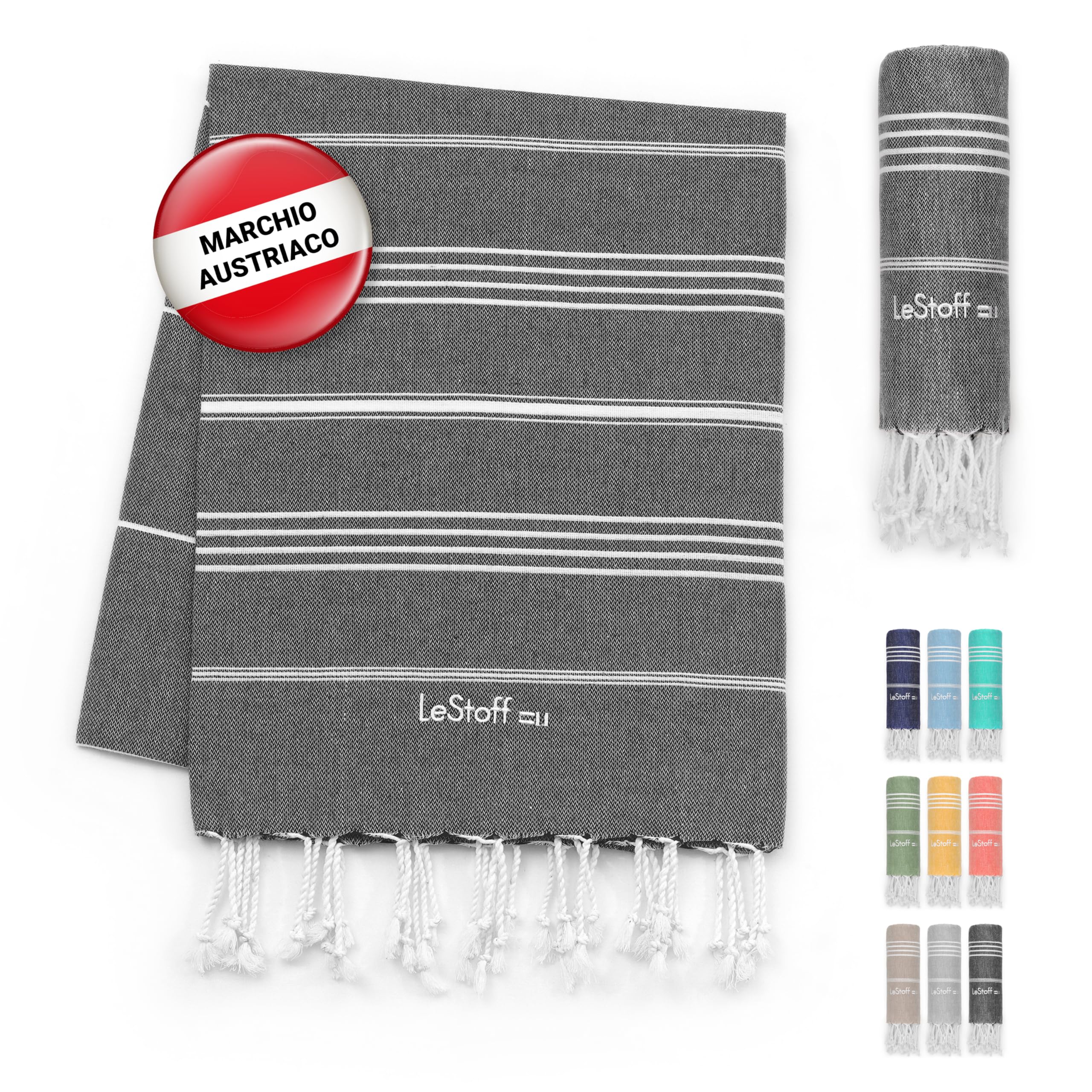 LeStoff Telo mare XXL - 100% Cotone bio, 200 x 200 cm, Prelavato, Assorbente, Asciugatura Rapida, Leggero, Fouta, Telo Spiaggia grande, Telo Bagno, Telo Yoga, Coperta (Anthracite)
