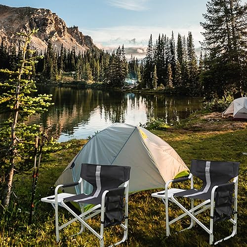 Miniatura 2 de Silla de director de camping, marco de aluminio y tela Oxford soporta 400 libras, plegable y portátil, con bolsa de almacenamiento lateral y mesa