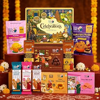 Sweet Karam Coffee The Soul of South India Gift Hamper | Ghee Mysorepak, Rose Milk Burfi, Ragi Laddu, Andhra Spicy Murukku, Nendran Banana Chips, 3 Distinct Chikki Bars & Filter Coffee Decoction | Festive Hamper | Janmashtami | Ganesh Chaturthi | Traditional Indian Sweets & Savoury Snacks Combo