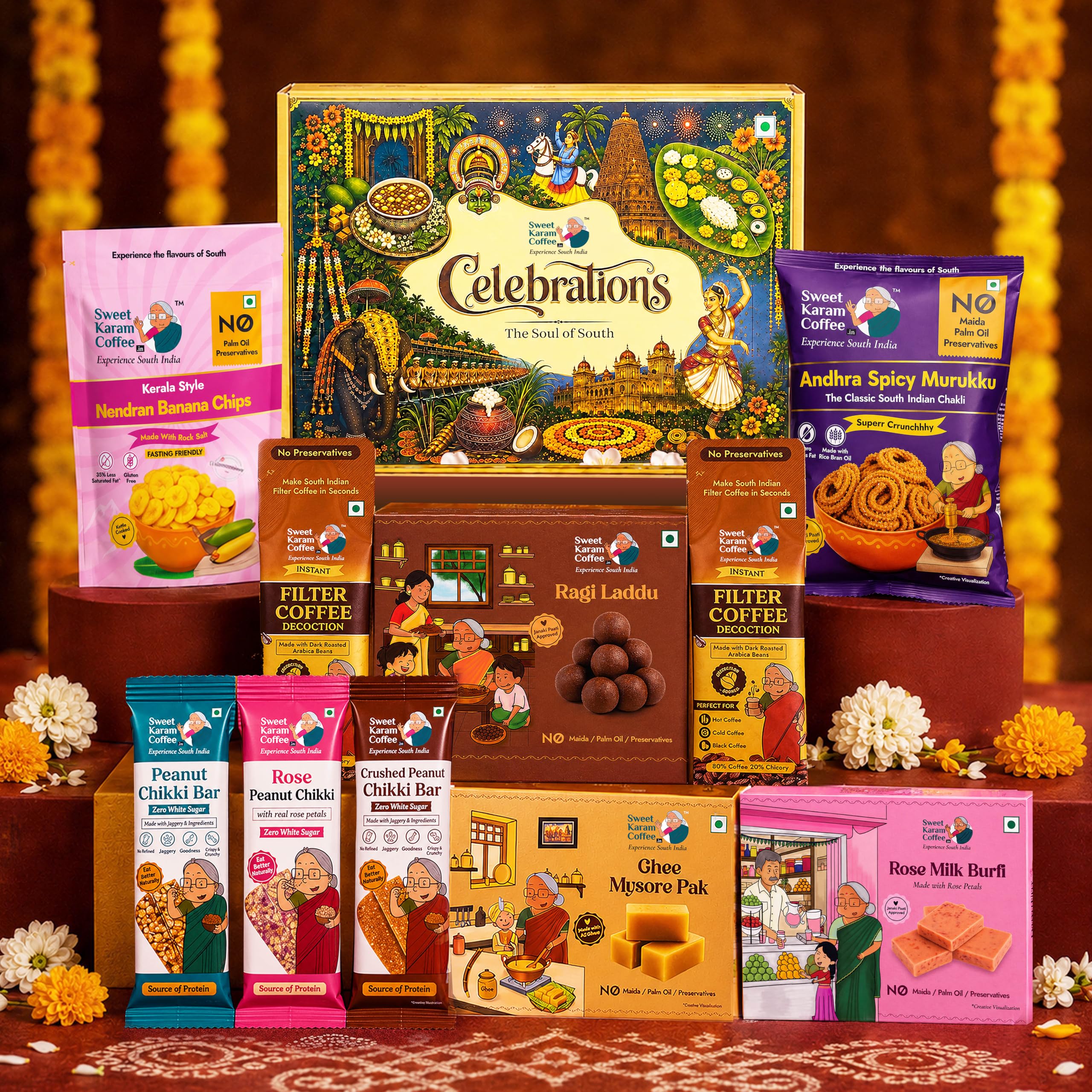 Sweet Karam Coffee The Soul of South India Rakhi Gift Hamper | Ghee Mysorepak, Rose Milk Burfi, Ragi Laddu, Andhra Spicy Murukku, Nendran Banana Chips, 3 Distinct Chikki Bars & Filter Coffee Decoction | Raksha Bandhan Festive Gift Pack for Brother Sister Bhaiya Bhabi | Traditional Indian Sweets & Savoury Snacks Combo-image-43