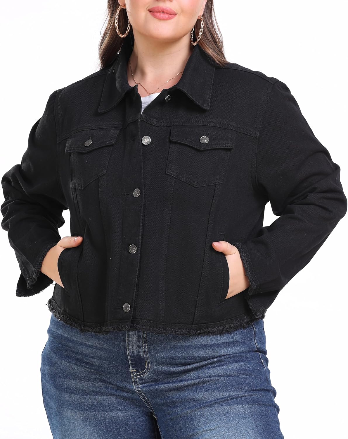 andy & natalie Women's Plus Size Jean Jacket Fashion Lightweight Denim Jackets Frayed Hem Casual Jacket