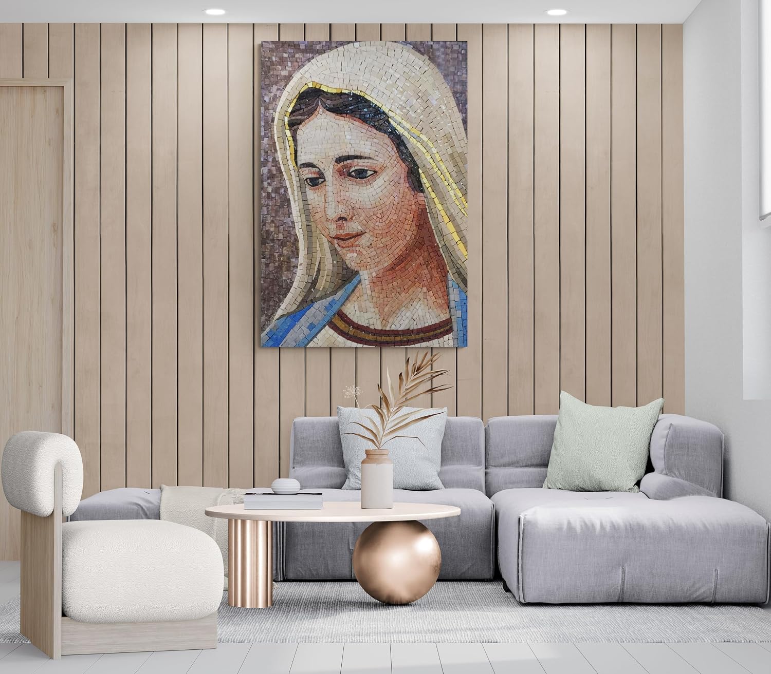 Mother Mary Mosaic Icon | Stunning Mosaics Art | Custom Mosaics By Mosaic Lab | Handcrafted Marble | This Masterpiece Is Great As Wall Art | Perfect For Any Office, Living Room.