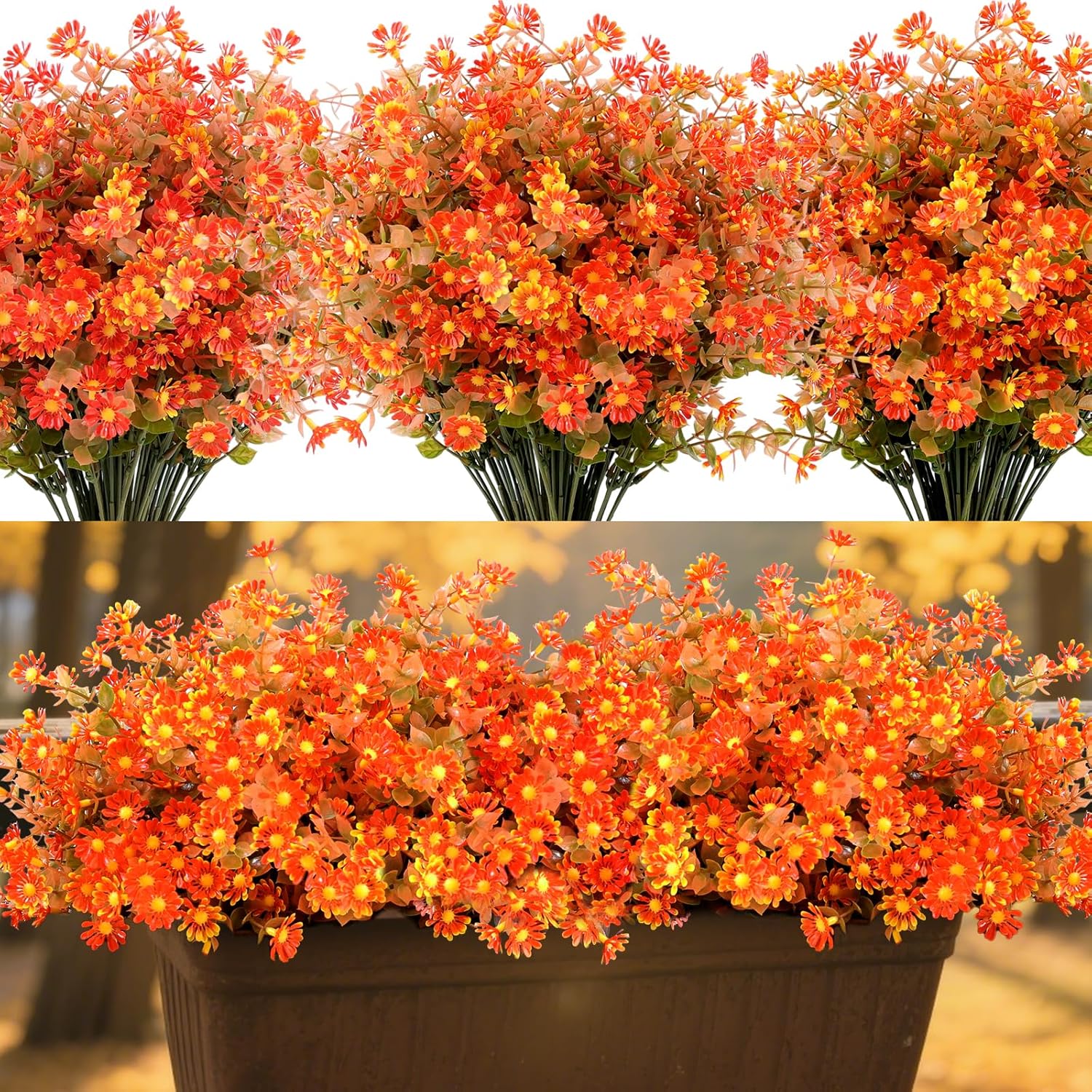 20 Bundles Artificial Fake Mums for Outdoors No Fade Fake Plants, UV Resistant Faux Plastic Fall Flowers for Home Planters Porch Garden Patio Window Box Yard Autumn Decor(Fall Red)