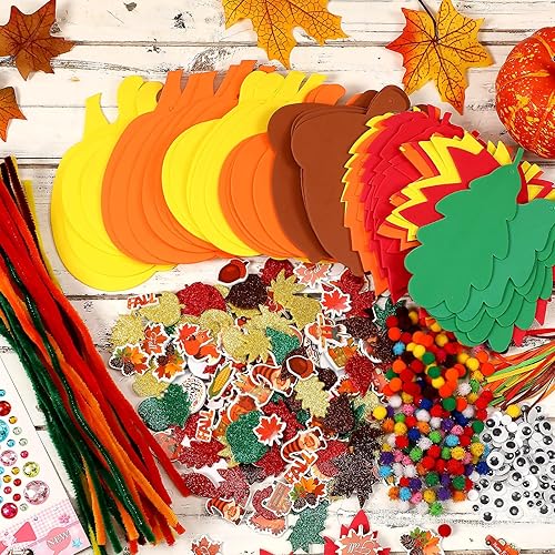Miniatura 3 de JULBEAR 700 piezas de espuma de calabaza de hoja de arce otoñal, calcomanías de espuma autoadhesivas con purpurina, kit de manualidades para fiestas