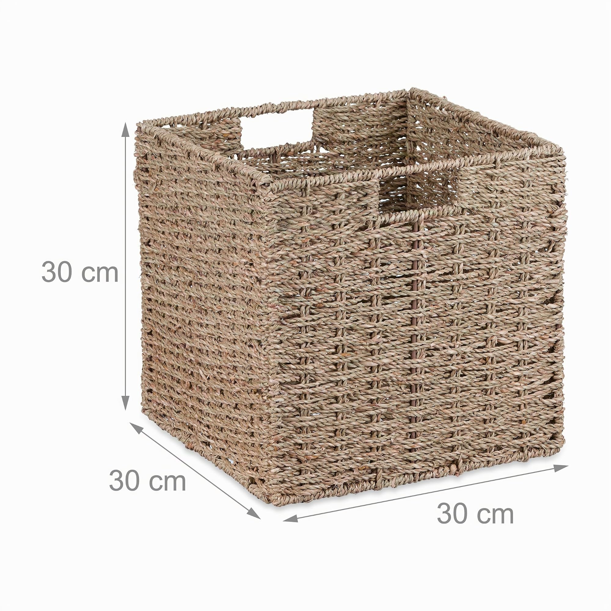 Relaxdays Set 4 Cesti Intrecciati Portaoggetti in Seagrass, 30x30x30cm, Scatola da Scaffale Cubo, Stile Vimini, Naturale