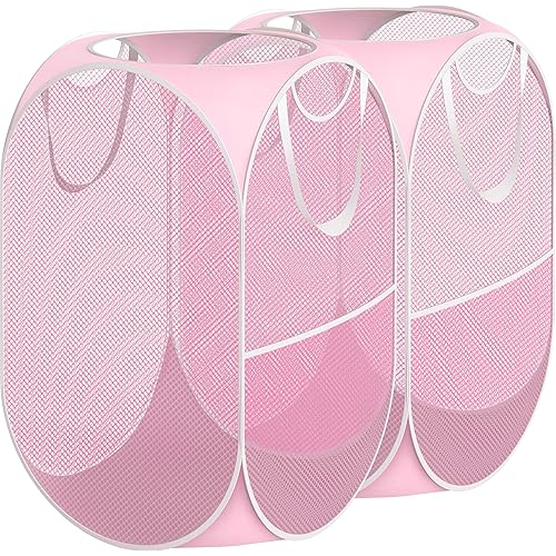 Simple Houseware Mesh Pop-Up Laundry Hamper Basket With Side Pocket, Pink - 2 Pack