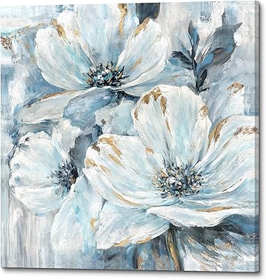 Flower Wall Art Abstract Blue: Large Magnolia Canvas Artwork Living Room White Floral Painting Gold Foil Blossom Modern Pi...