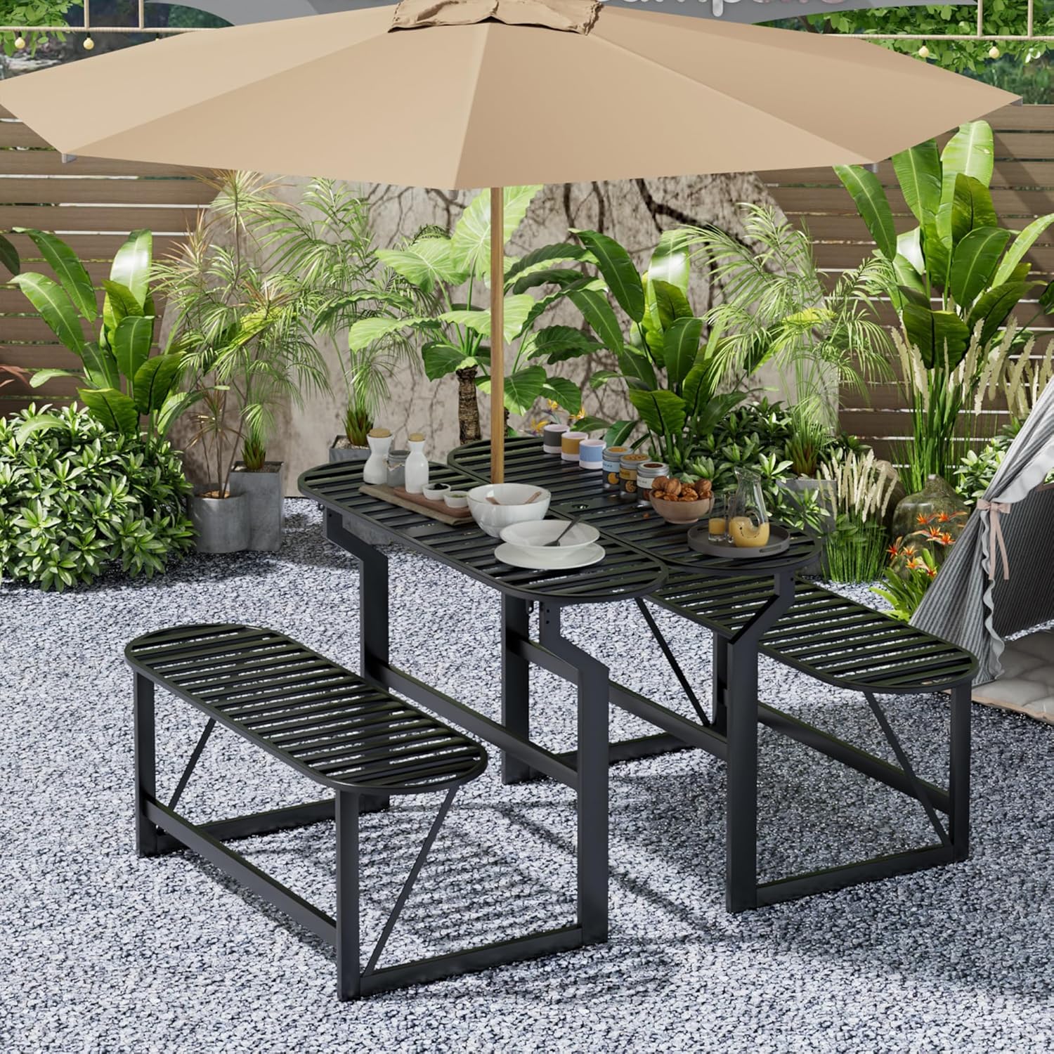 Convertible Bench, 2 in 1 Carbon Steel Picnic Table, Transforming Interchangeable Outdoor Table with Umbrella Hole, for Outside Patio Porch Backyard Park Garden 2 Pack Black Bench