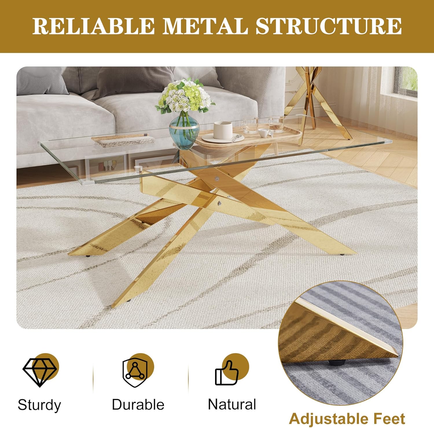 47" Glass Coffee Table with Tempered Glass Top and Gold Metal Legs, Modern Rectangle Center Table for Living Room, Office, Apartment, Easy to Assemble