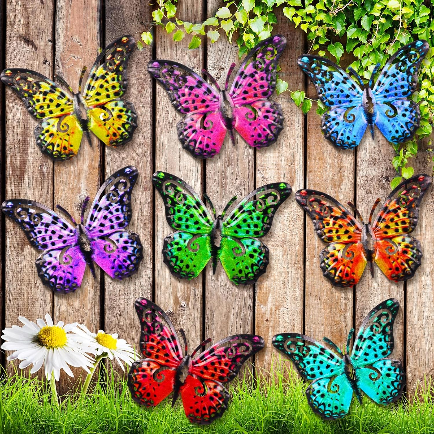 Jetec 8 Pcs Metal Butterfly Wall Decor 6.5 Inch Outdoor Butterflies Wall Art Sculpture 3D Butterfly Hanging Decoration for Spring Outside Fence Garden Yard Home Patio Balcony(Bright Style)