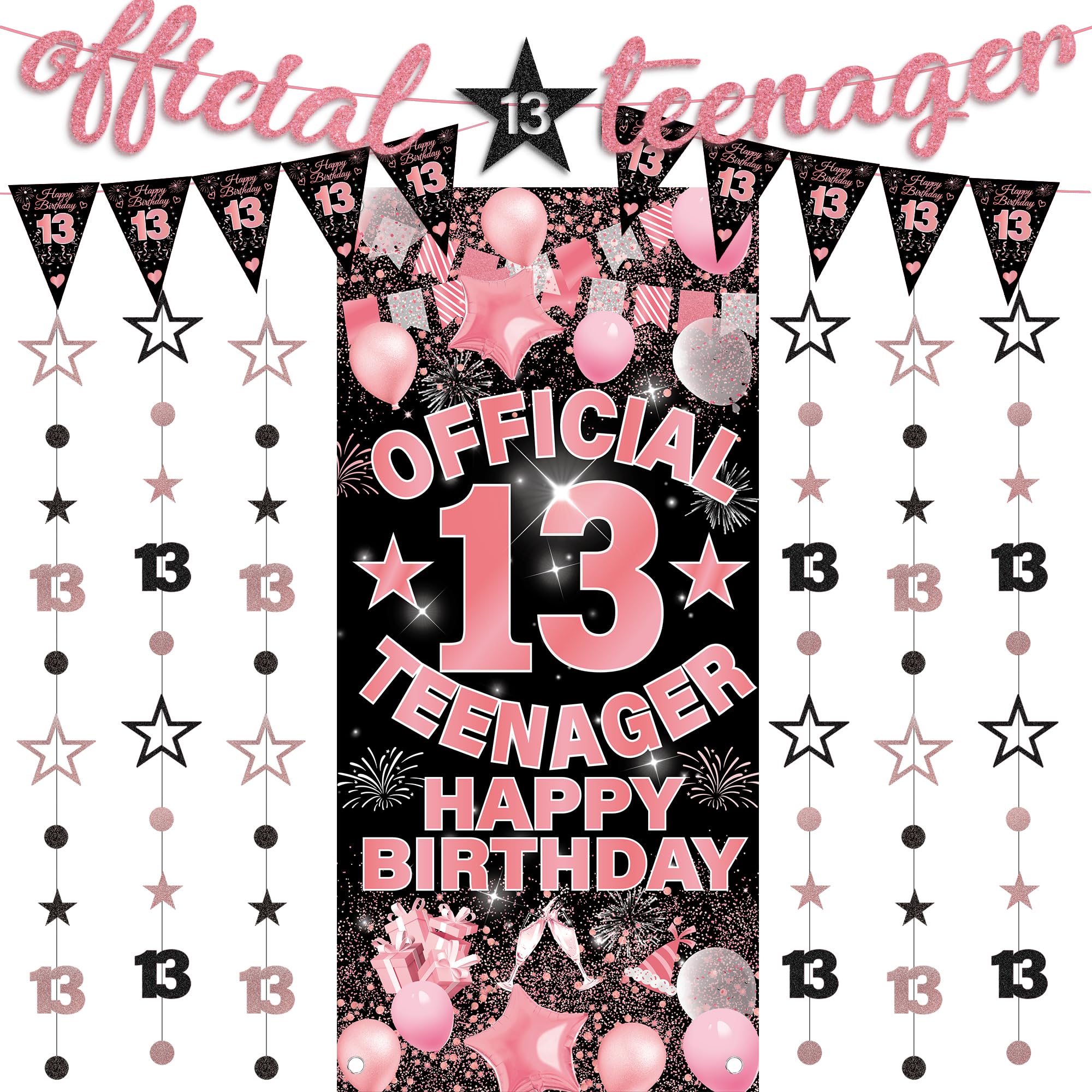 13th Birthday Decorations Party Girls - 9 Pcs Black Rose Gold Happy Birthday Banners Official Teenager Backdrop Glitter Star Hanging Streamers for Girl Teenager 13 Years Old Party Decor Supplies